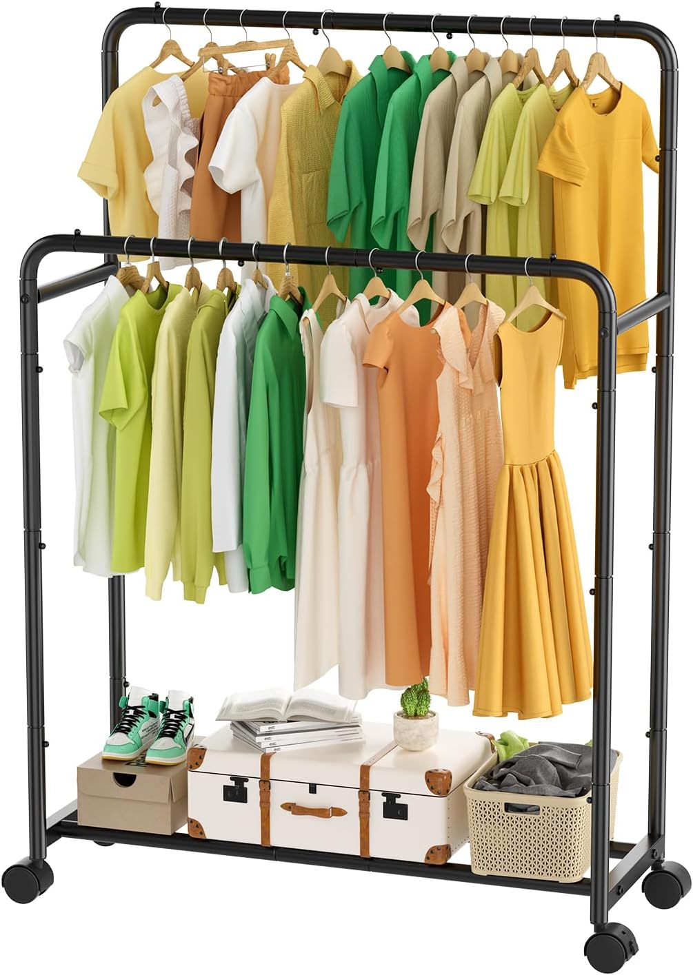 Simple Trending Double Rod Garment Rack with Wheels Black