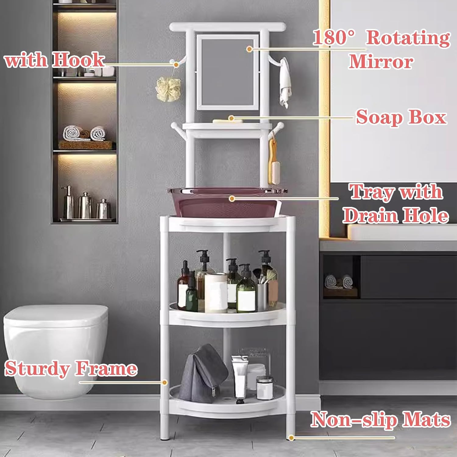 Round Square Bathroom Storage Shelf with Rotatable Mirror