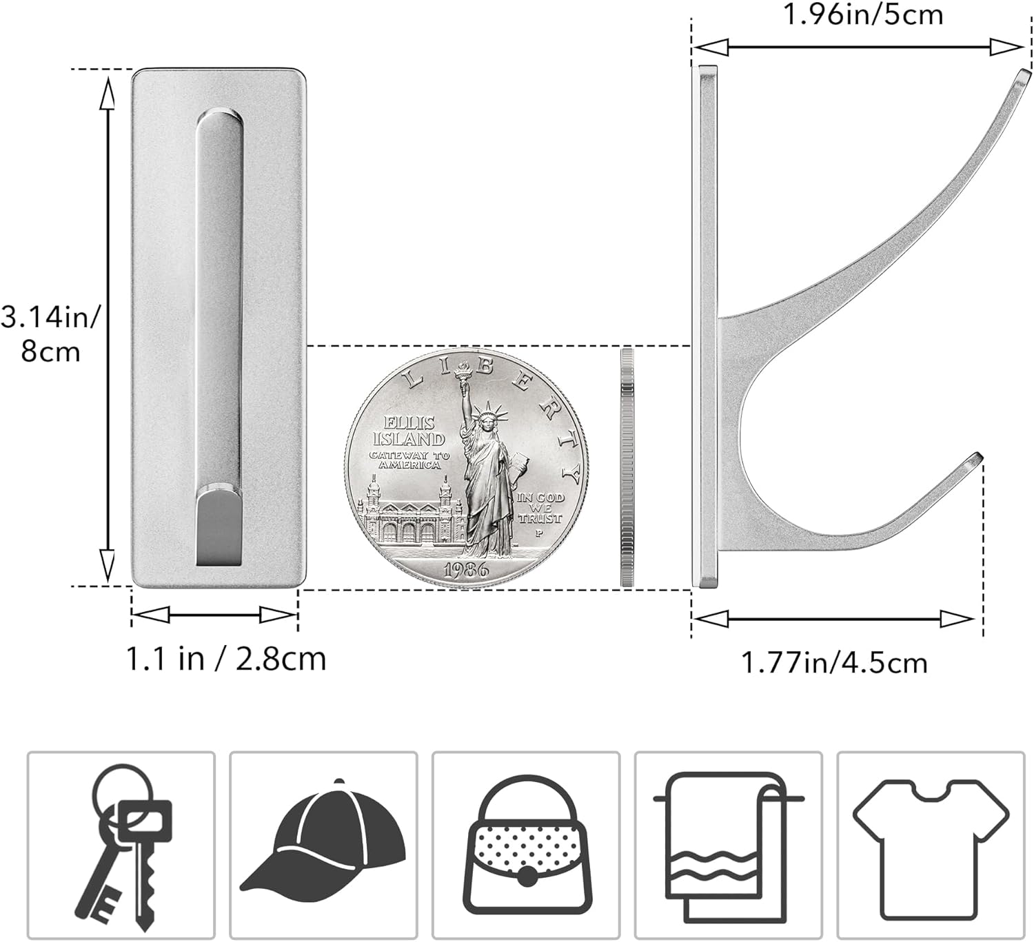 Self-Adhesive Heavy Duty Stainless Coat Hooks 10-Pack Silver