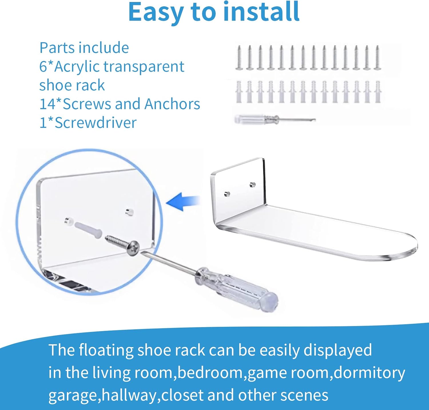 6 PCS Acrylic Floating Shoe Rack Wall Mount Organizer