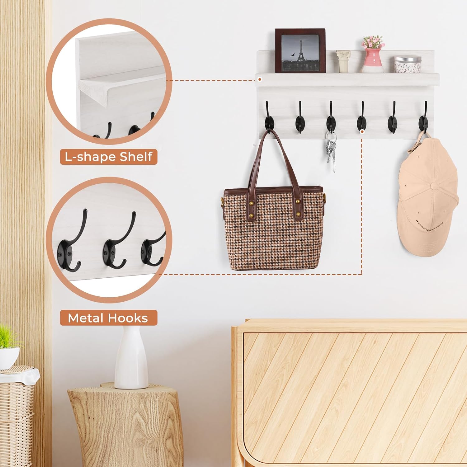 White Wall Mount Coat Rack with 6 Double Hooks and Shelf