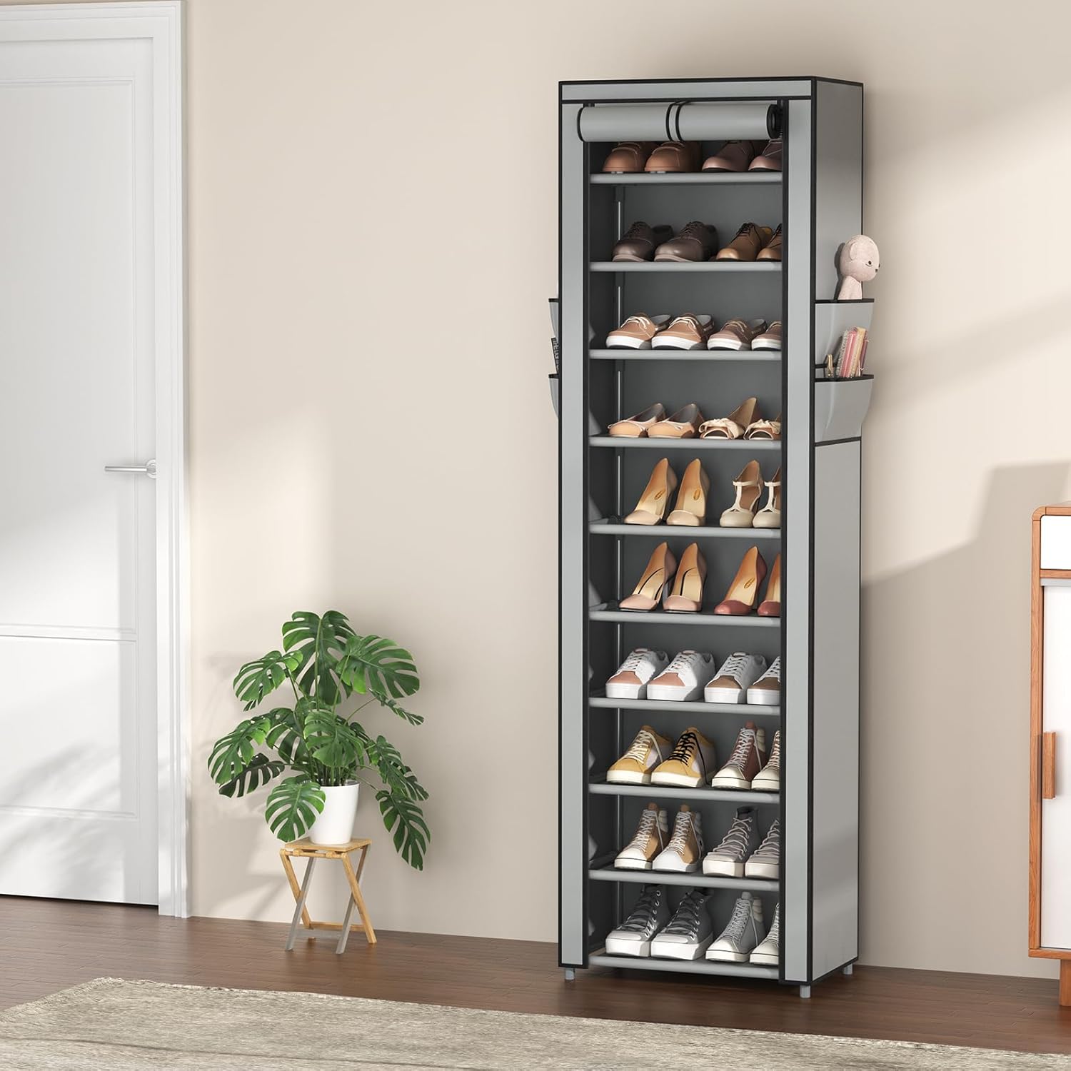 VTRIN 10 Tier Vertical Narrow Shoe Rack Organizer Tall Free Standing Grey