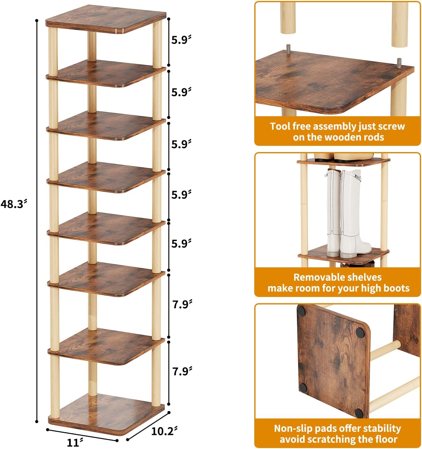 LUCKNOCK Vertical Shoe Rack 8-Tier Rustic Brown