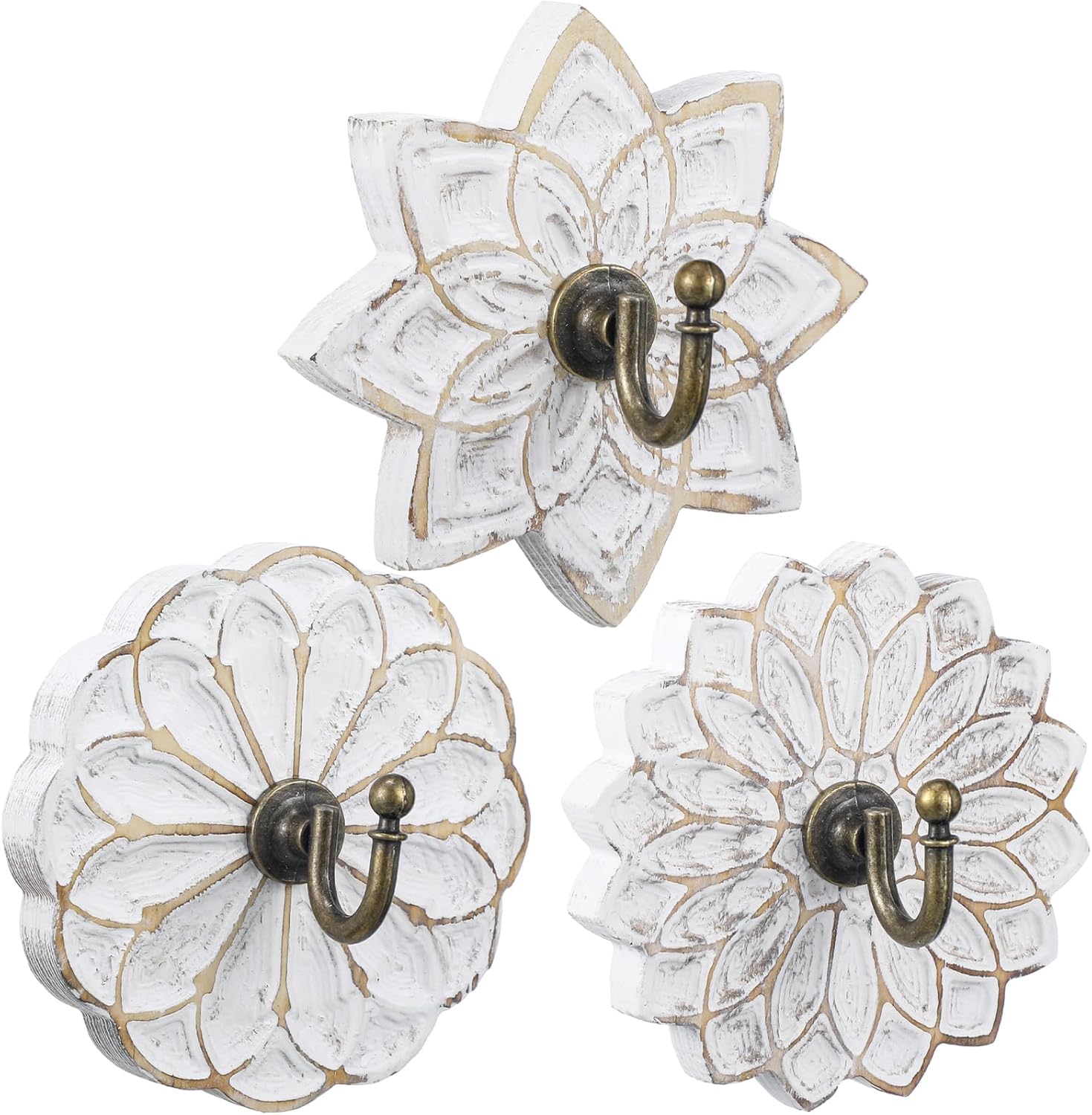 Weysat 3 Pcs Decorative Wood Farmhouse Coat Hooks White Vintage Wall Hooks with Screws for Key Towel