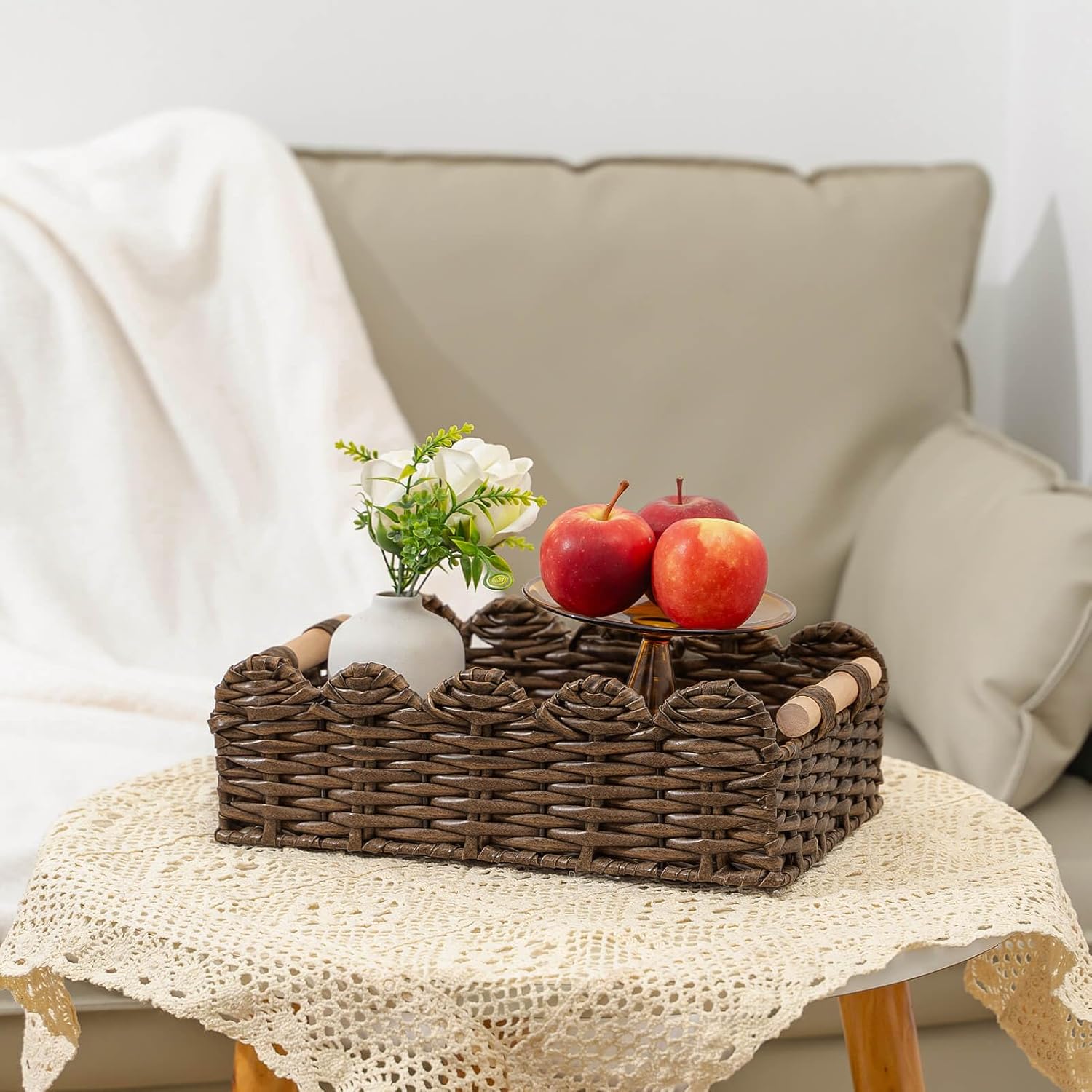 CubesLand PP Wicker Scalloped Edge Floating Shelf Basket Toilet Paper Basket Decorative Storage Container Brown