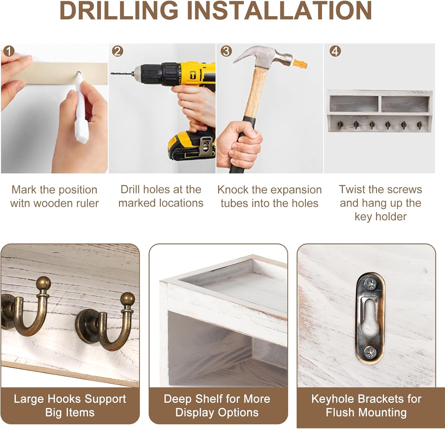 Key Holder Wall Mount with 6 Hooks and Storage Box