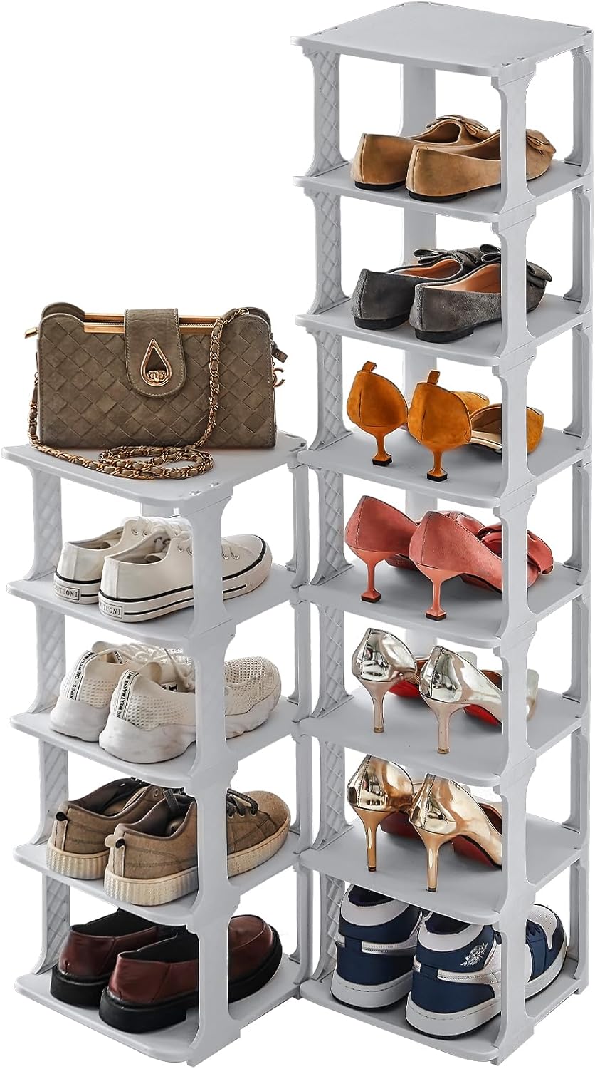 5 Tiers Shoe Rack Organizer for Closet Entryway Storage Free Standing Stackable Vertical Narrow Plastic Shoe Holder Grey