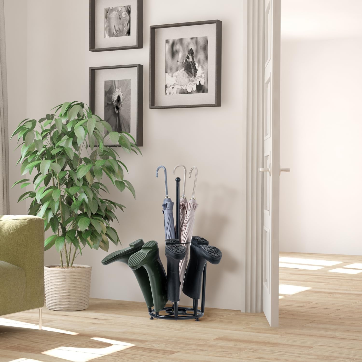 Modern Matte Black Boot Rack with Umbrella Holder and Inverted Drying Design