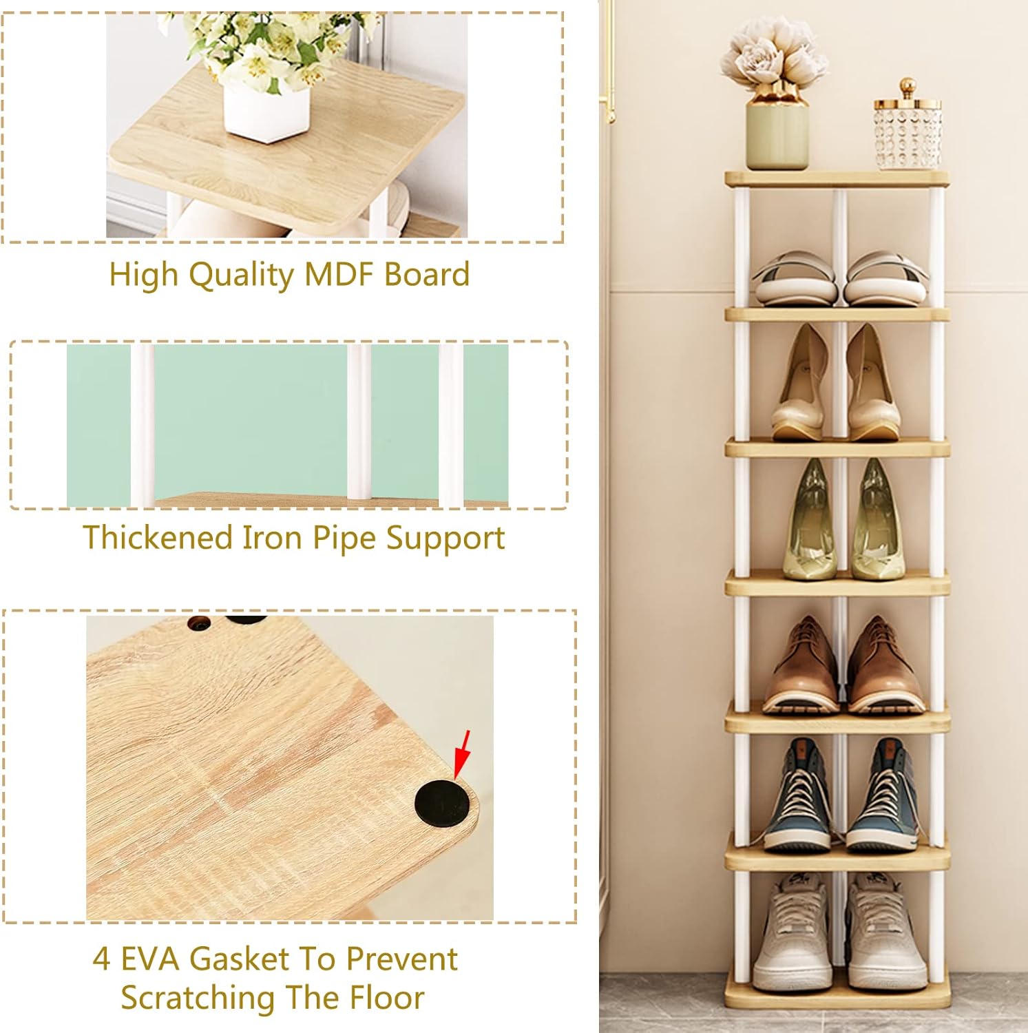 7 Tiers Vertical Shoe Rack for Space Saving White and Oak