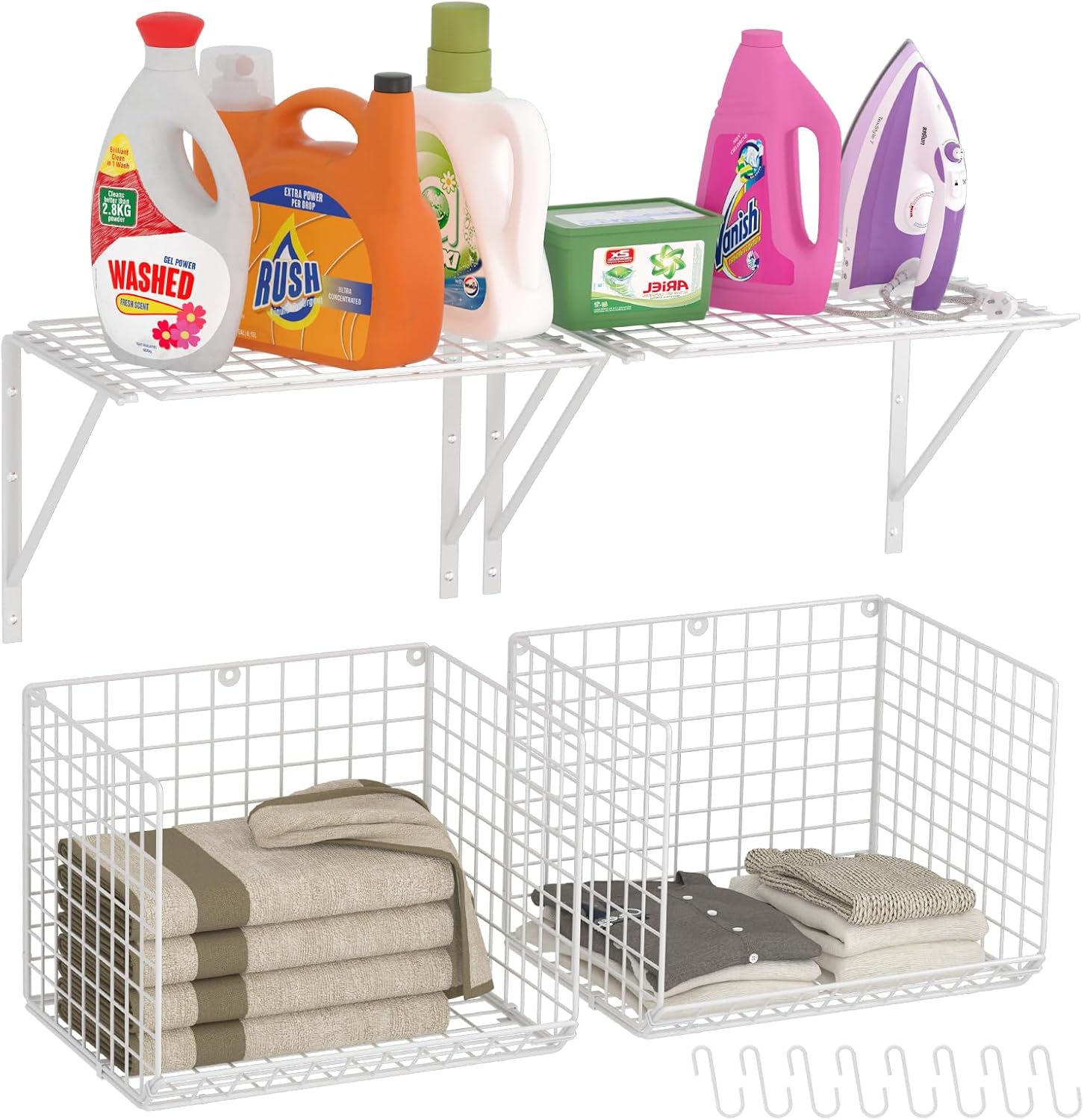 2 Pack Laundry Room Wall Shelves with Wire Baskets and 8 Hooks - White