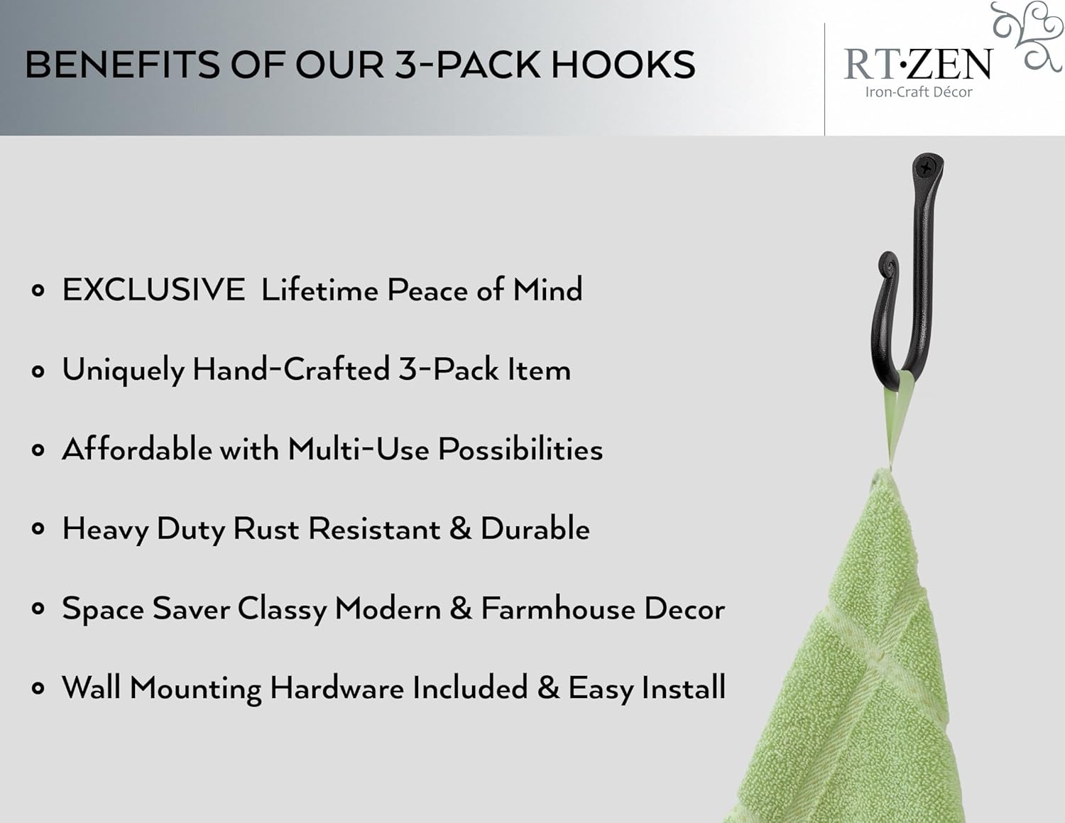 RTZEN Wall Mount Hook Set - 3 Pack Wrought Iron Hooks