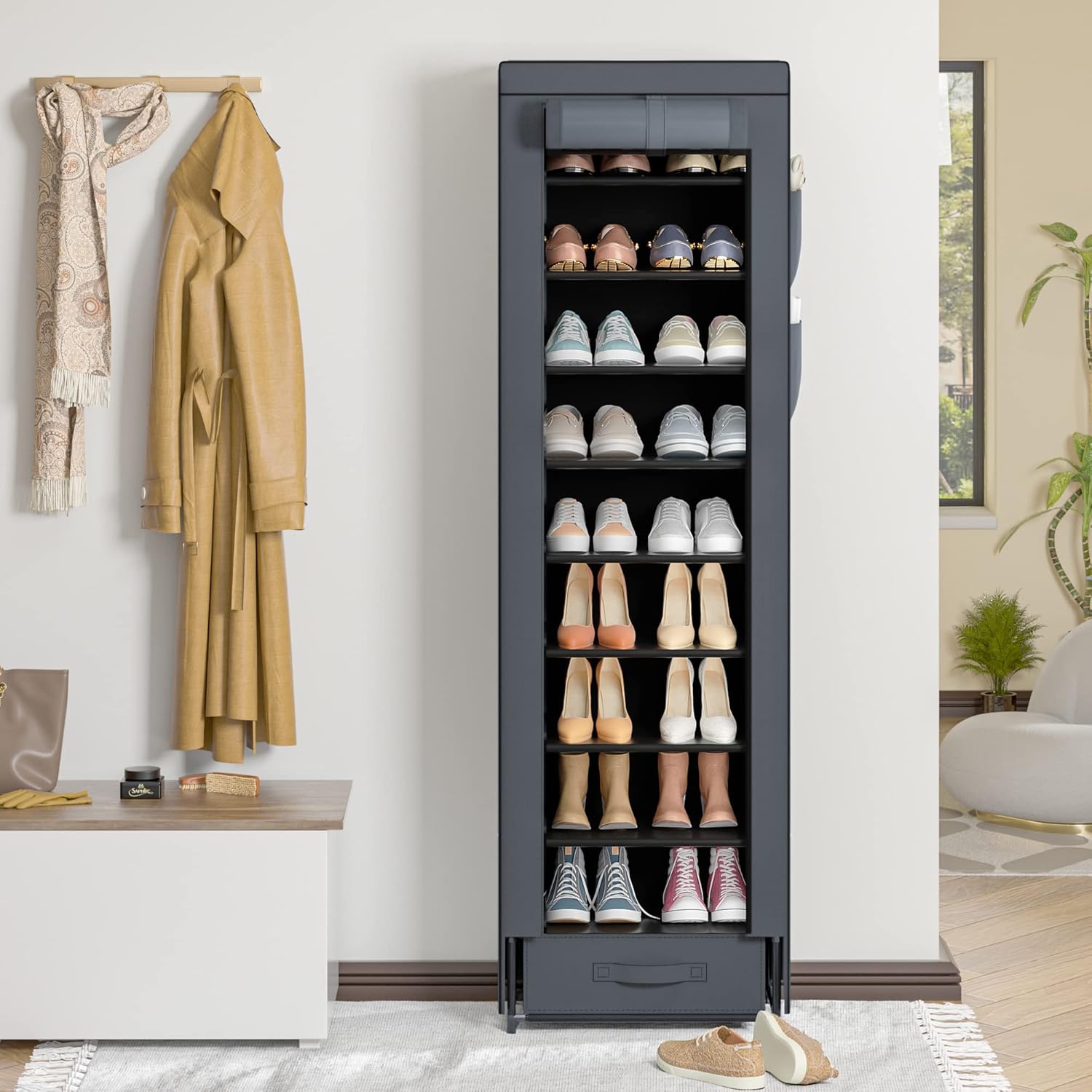 10 Tier Tall Narrow Shoe Rack with Dustproof Cover Storage Organizer