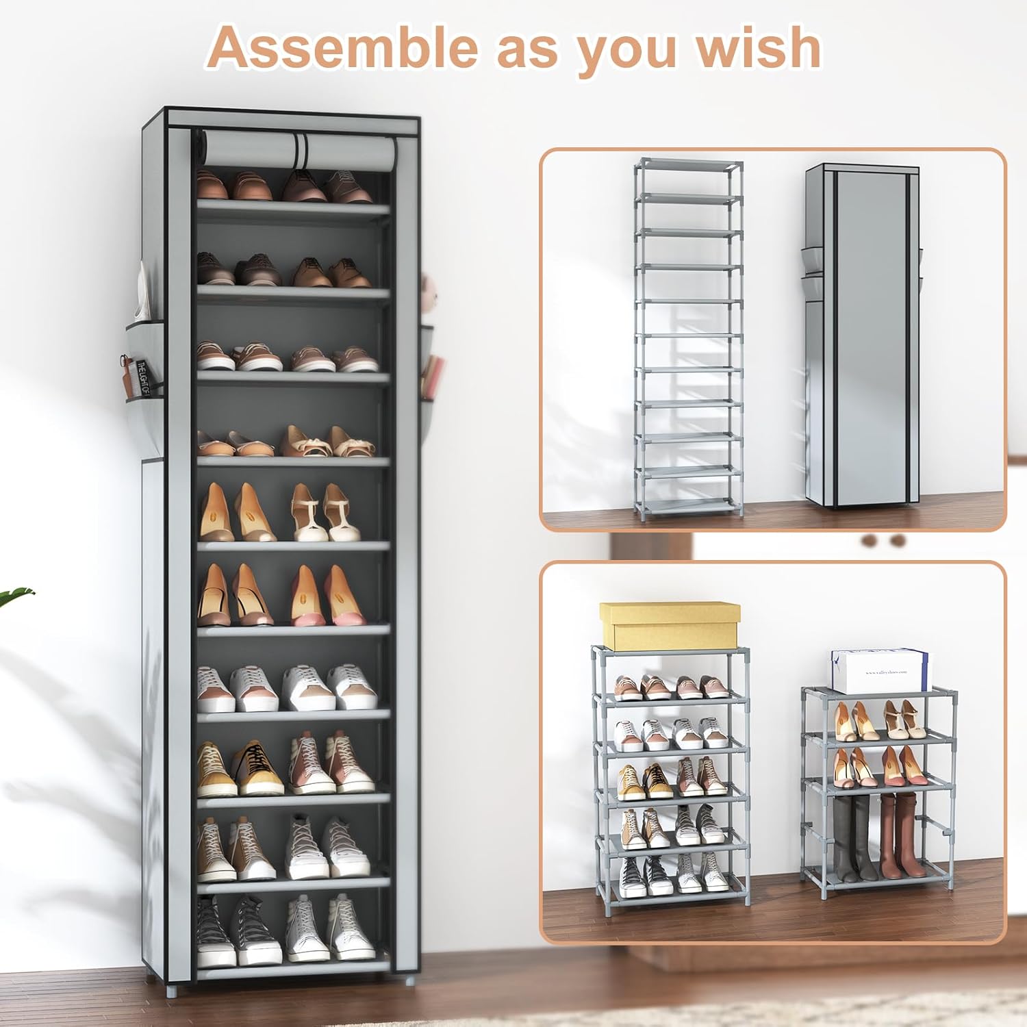 VTRIN 10 Tier Vertical Narrow Shoe Rack Organizer Tall Free Standing Grey