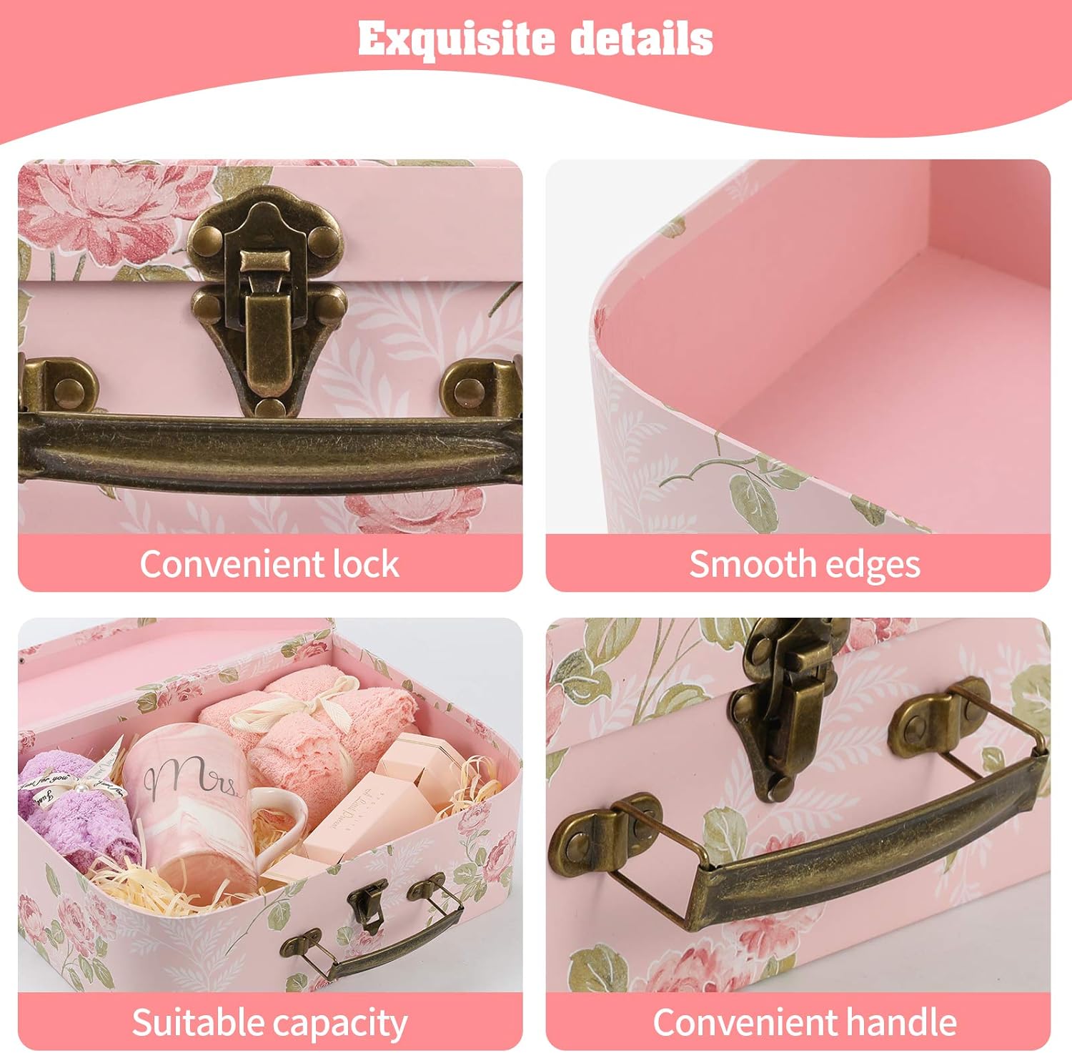 Set of 3 Decorative Storage Boxes With Lids for Home Decor and Gift Storage Pink Flowers Design