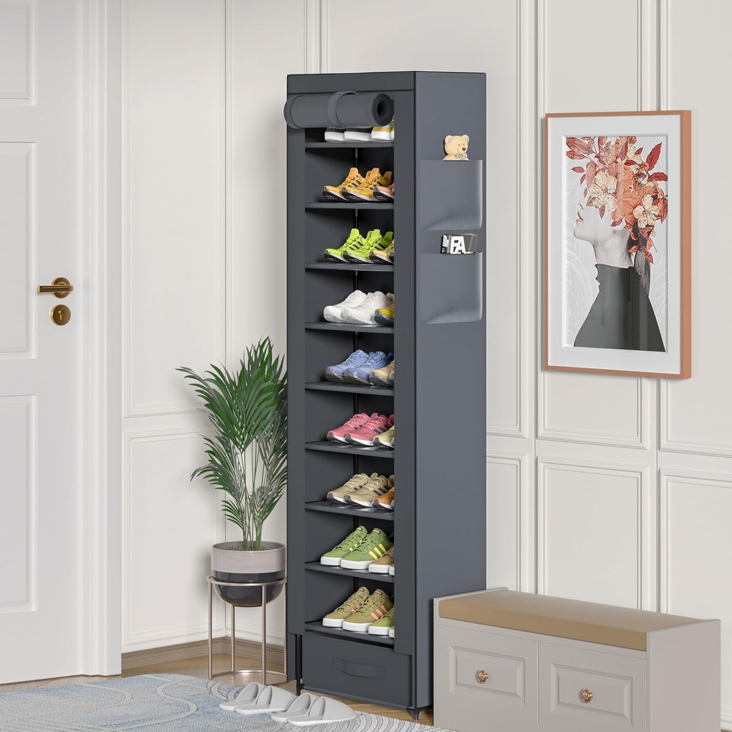 10 Tier Tall Narrow Shoe Rack with Dustproof Cover Storage Organizer
