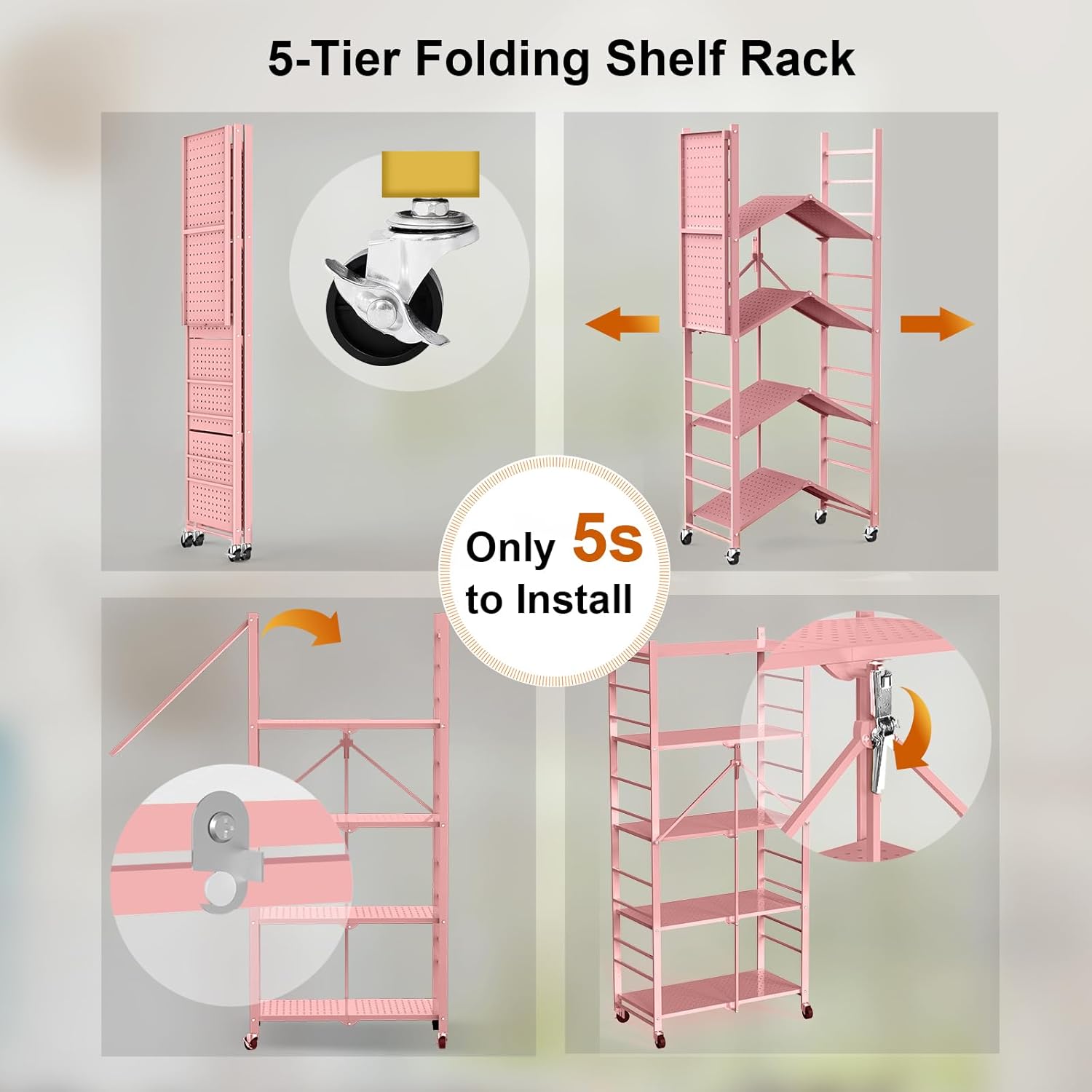 5-Tier Metal Storage Shelves with 20 Hooks and Wheels