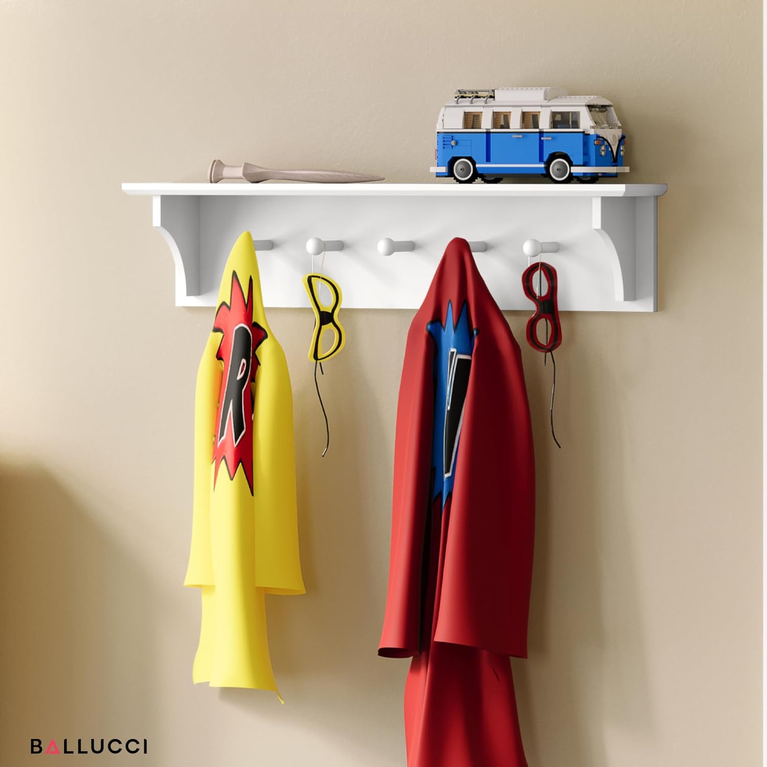 Ballucci Floating Coat and Hat Wall Shelf Rack 5 Pegs 24 White