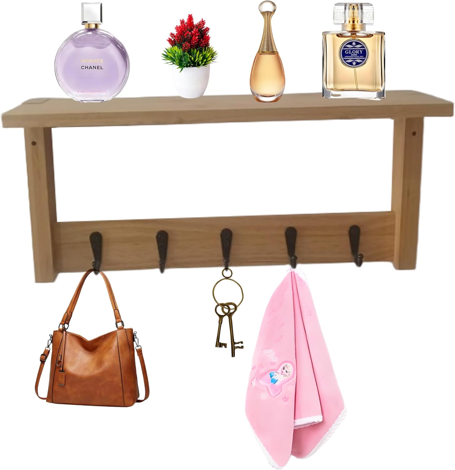 Wall Shelf with Hooks - Multi-Purpose Coat Rack and Key Holder