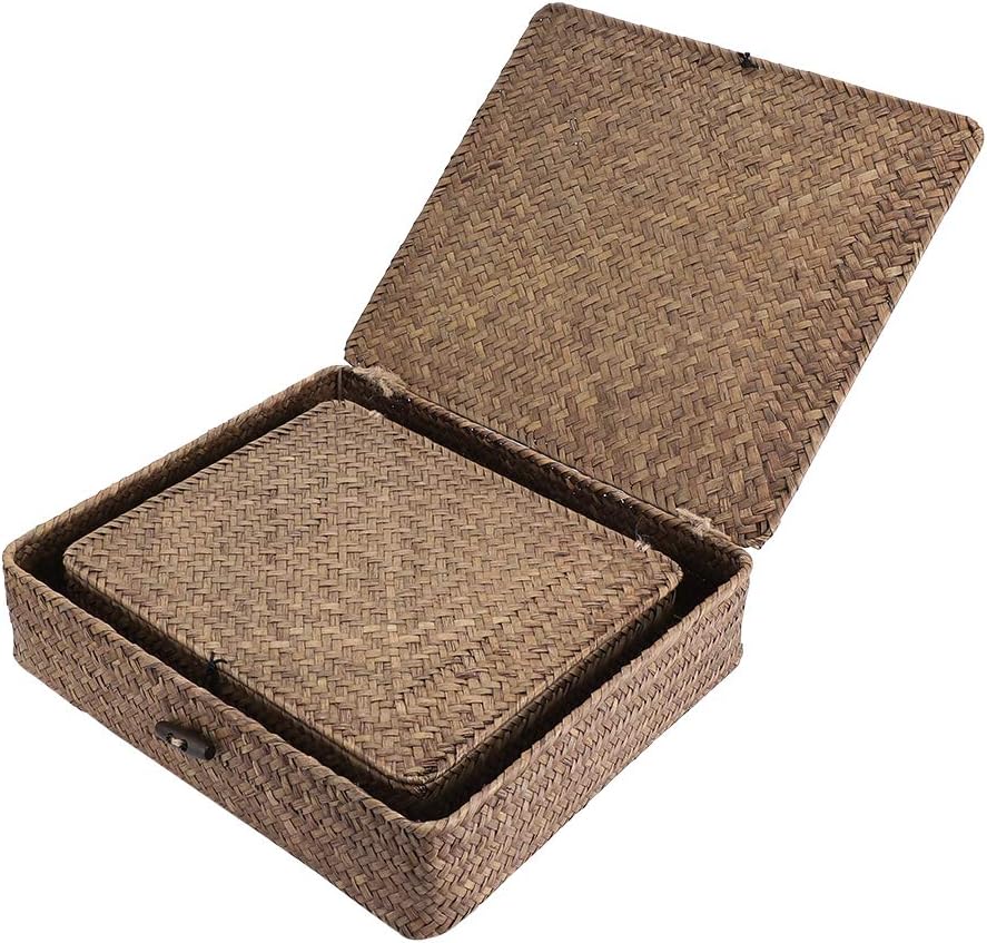 Hipiwe Set of 2 Flat Woven Seagrass Storage Bins with Lid