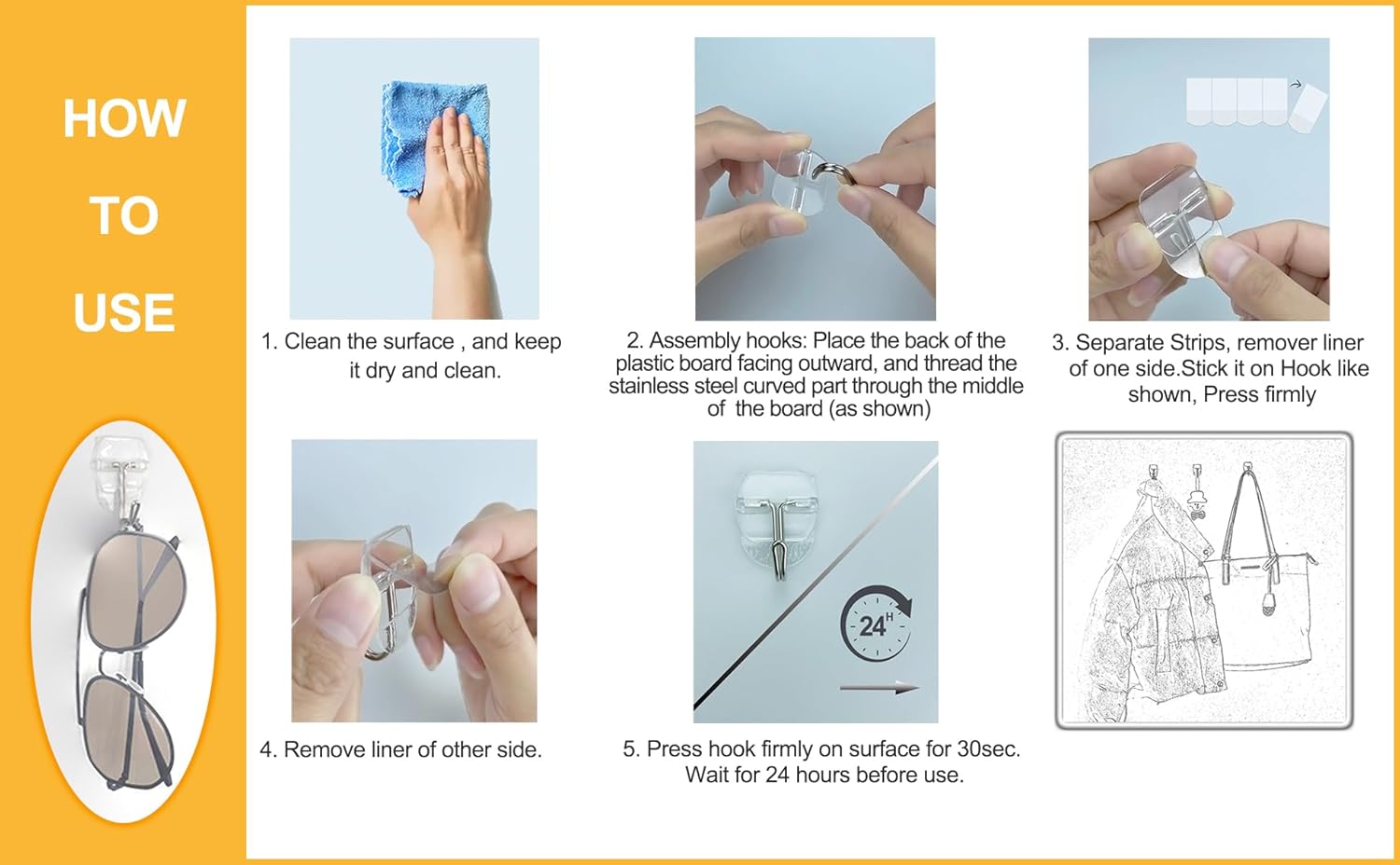 25 Clear Wall Hooks with 30 Adhesive Strips Value Pack
