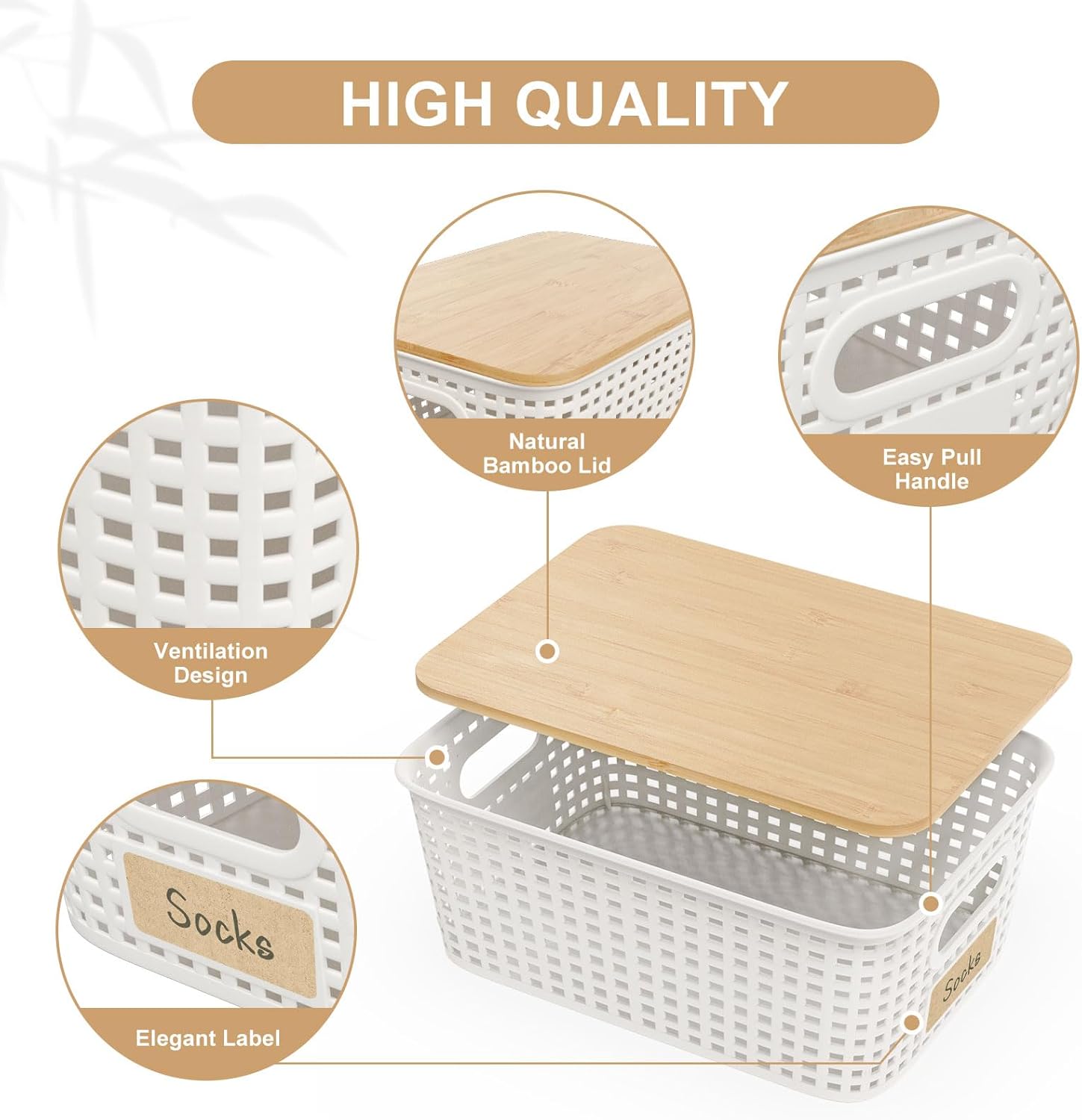 Small 5 Quart Plastic Storage Bin with Bamboo Lid 6 Pack
