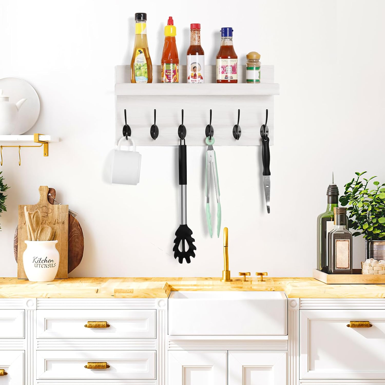White Wall Mount Coat Rack with 6 Double Hooks and Shelf