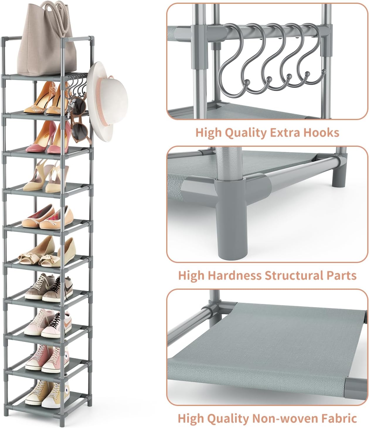 LANTEFUL 10-Tier Narrow Shoe Rack for 10-15 Pairs Space Saving Grey Organizer