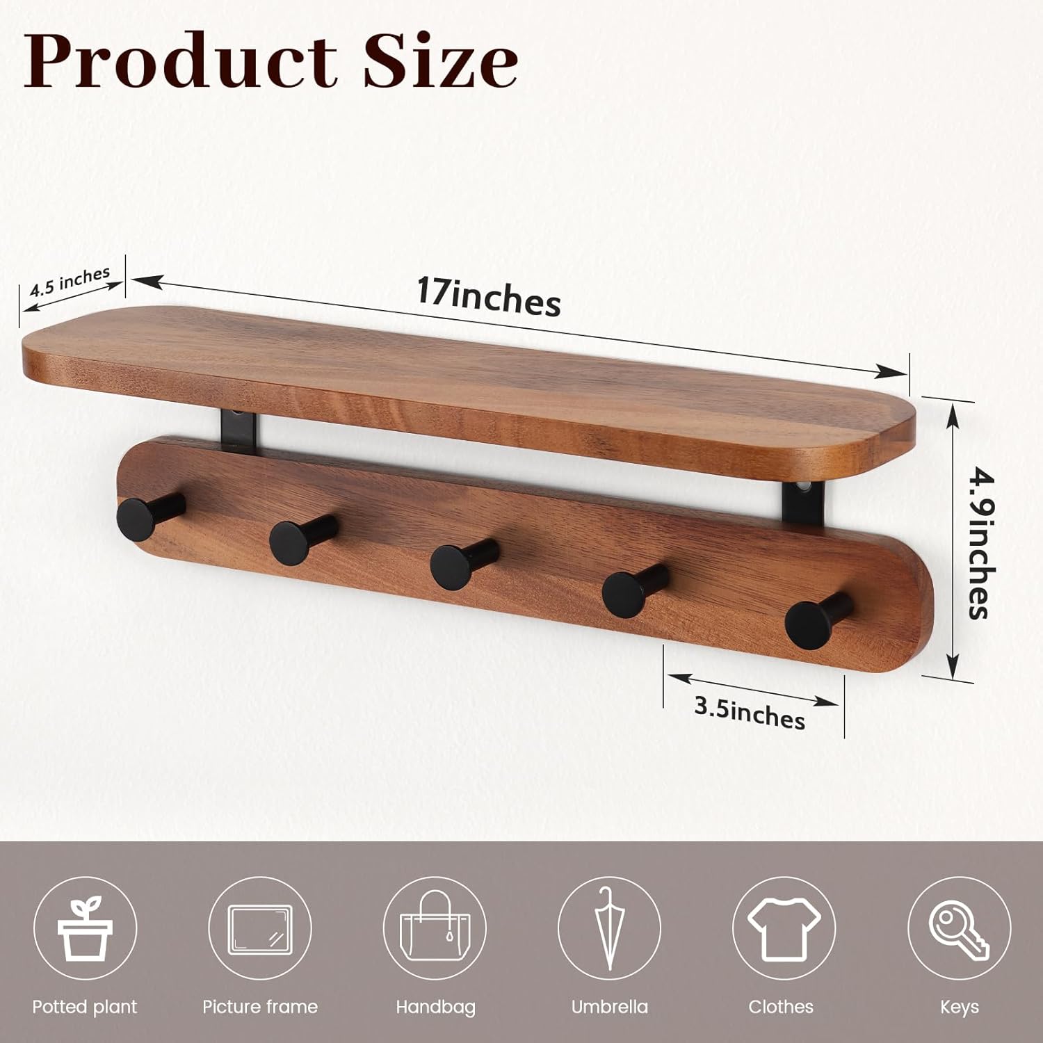 Walnut Wall Shelf with 5 Hooks for Entryway Storage