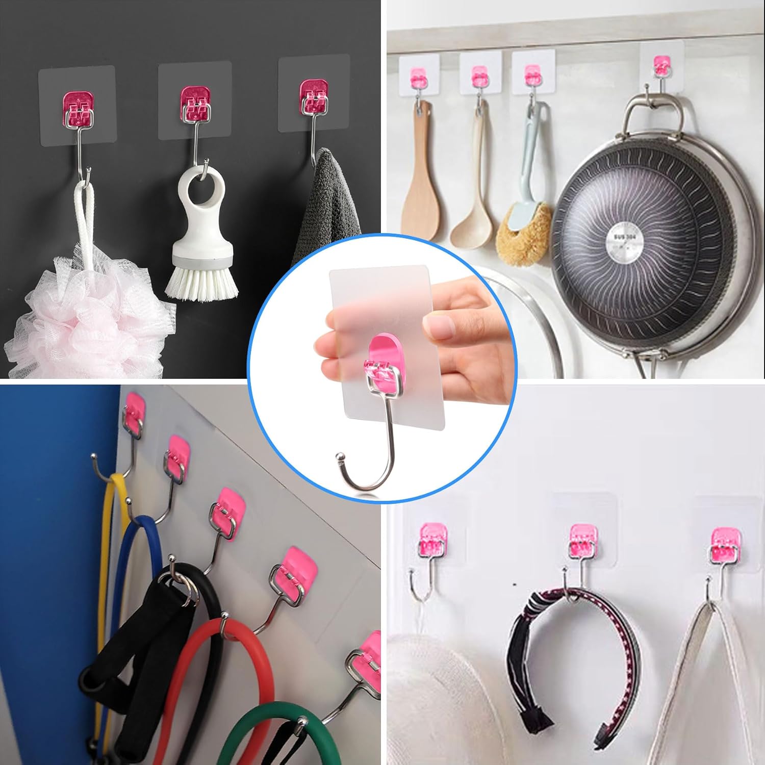 Antimbee 10-Pack Heavy Duty Adhesive Hooks 37 lb Max Transparent Pink