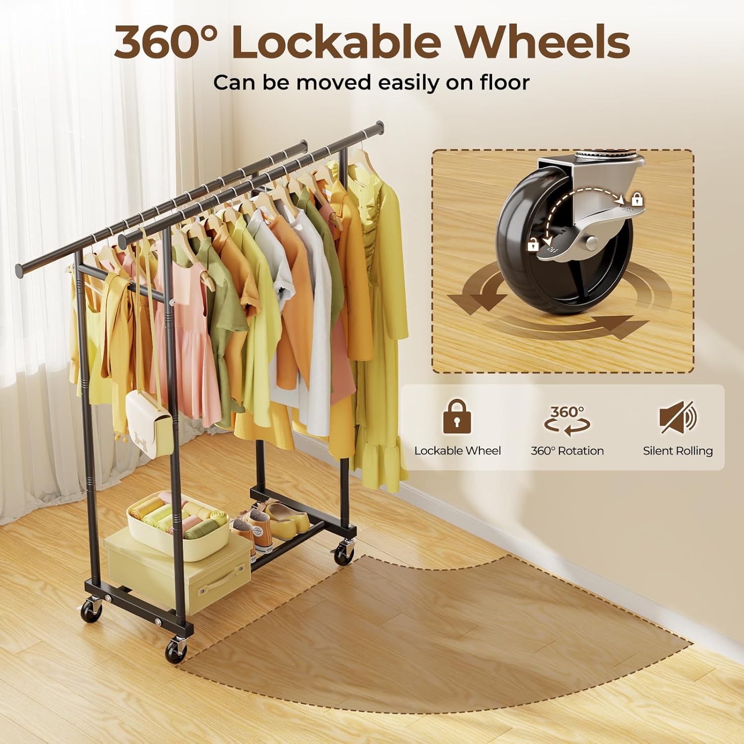 Double Rods Clothes Rack with Rolling Wheels