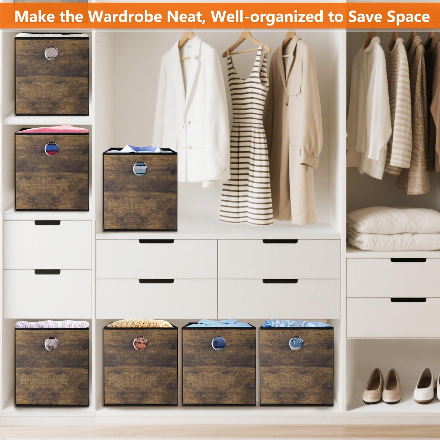 Thickened Fabric Storage Bins with Wood Grain 3 Pack
