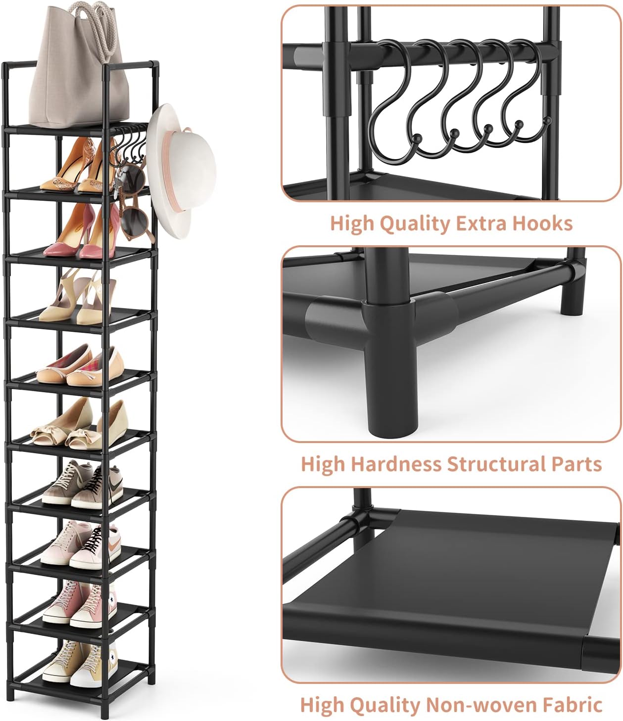Tall Narrow Shoe Rack for Entryway 10 Tier Storage