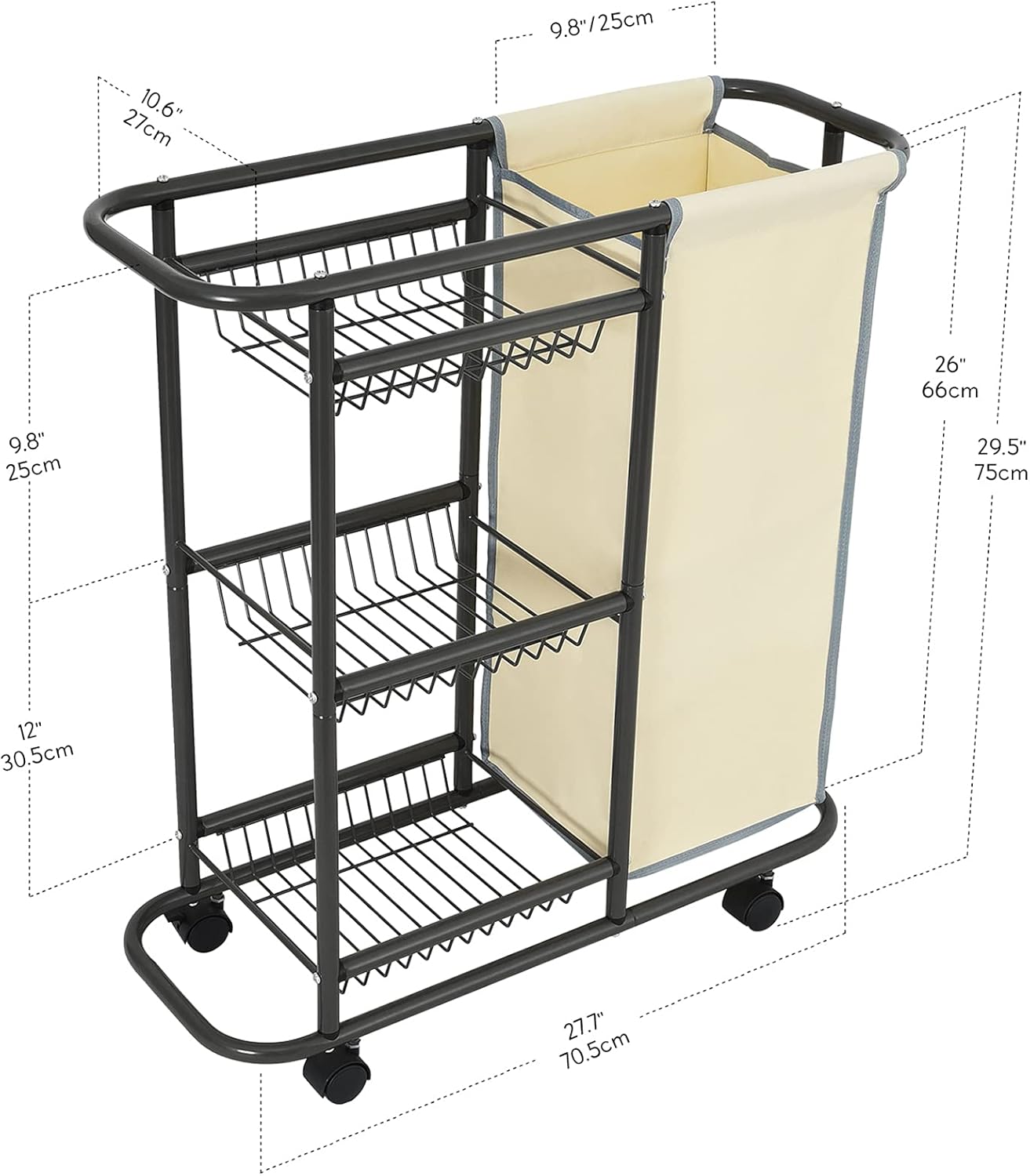 Lucalda Laundry Sorter Cart with 3-Tier Storage and Lockable Wheels