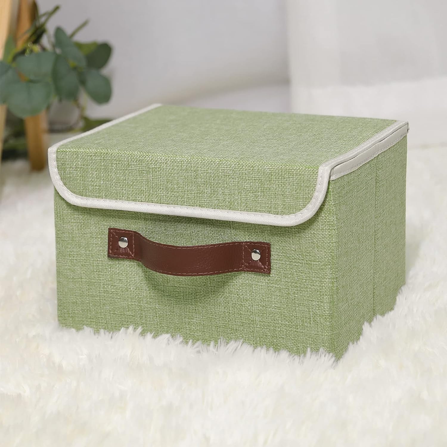 ANMINY Small Lidded Storage Bin with PU Handles
