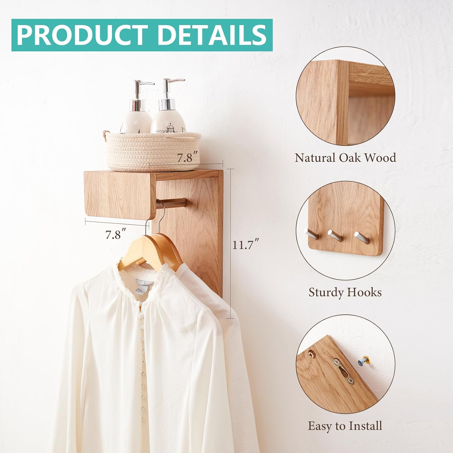 Oak Wood Wall Mounted Coat Rack with 3 Hooks and Floating Shelf