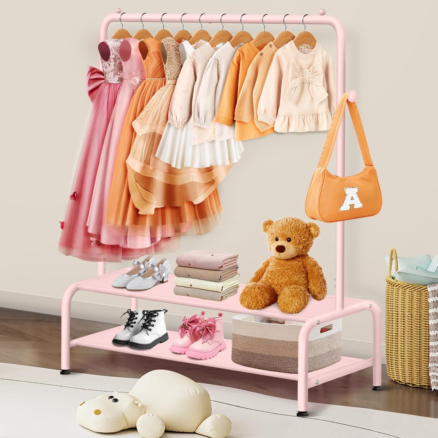 Kids Dress Up Rack with 2 Fabric Shelves and U-Shape Base