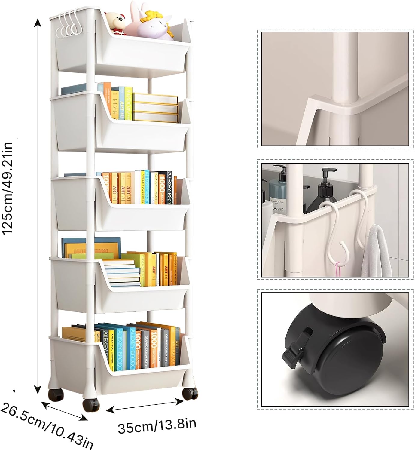 5-Tier Mobile Storage Shelf with Wheels White
