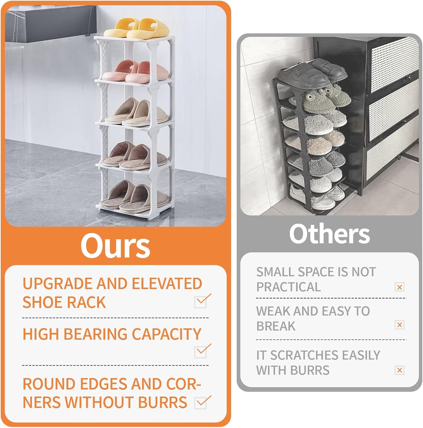 5 Tiers Shoe Rack Organizer for Closet Entryway Storage Free Standing Stackable Vertical Narrow Plastic Shoe Holder Grey