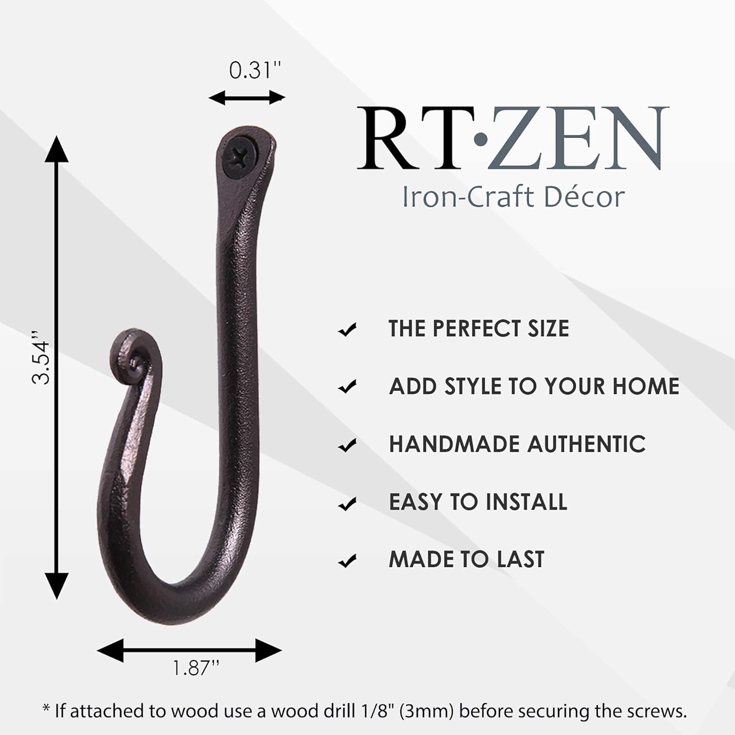 RTZEN Wall Mount Hook Set - 3 Pack Wrought Iron Hooks