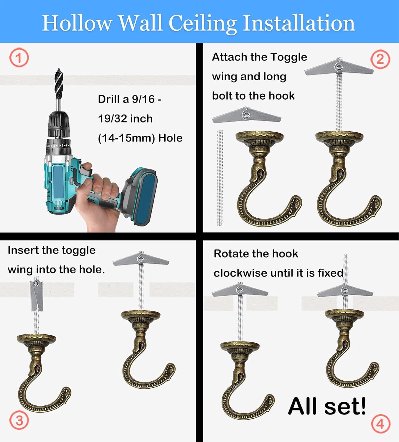 2 Sets Heavy-Duty Swag Ceiling Hooks with Hardware - Antique Brass