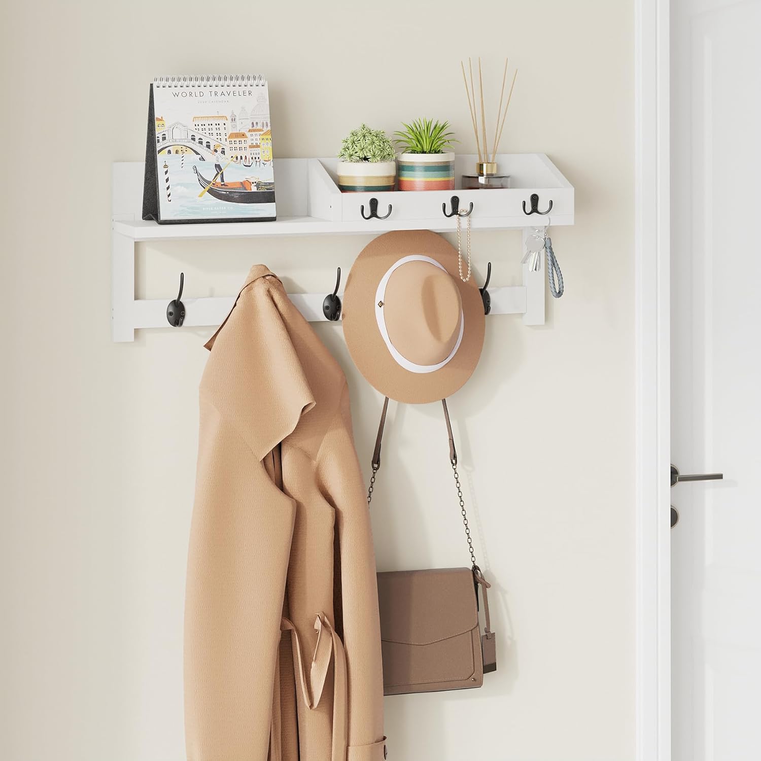 AMBIRD 2657 Inch Wall Shelf With 5 Dual Hooks And 3 Key Hooks