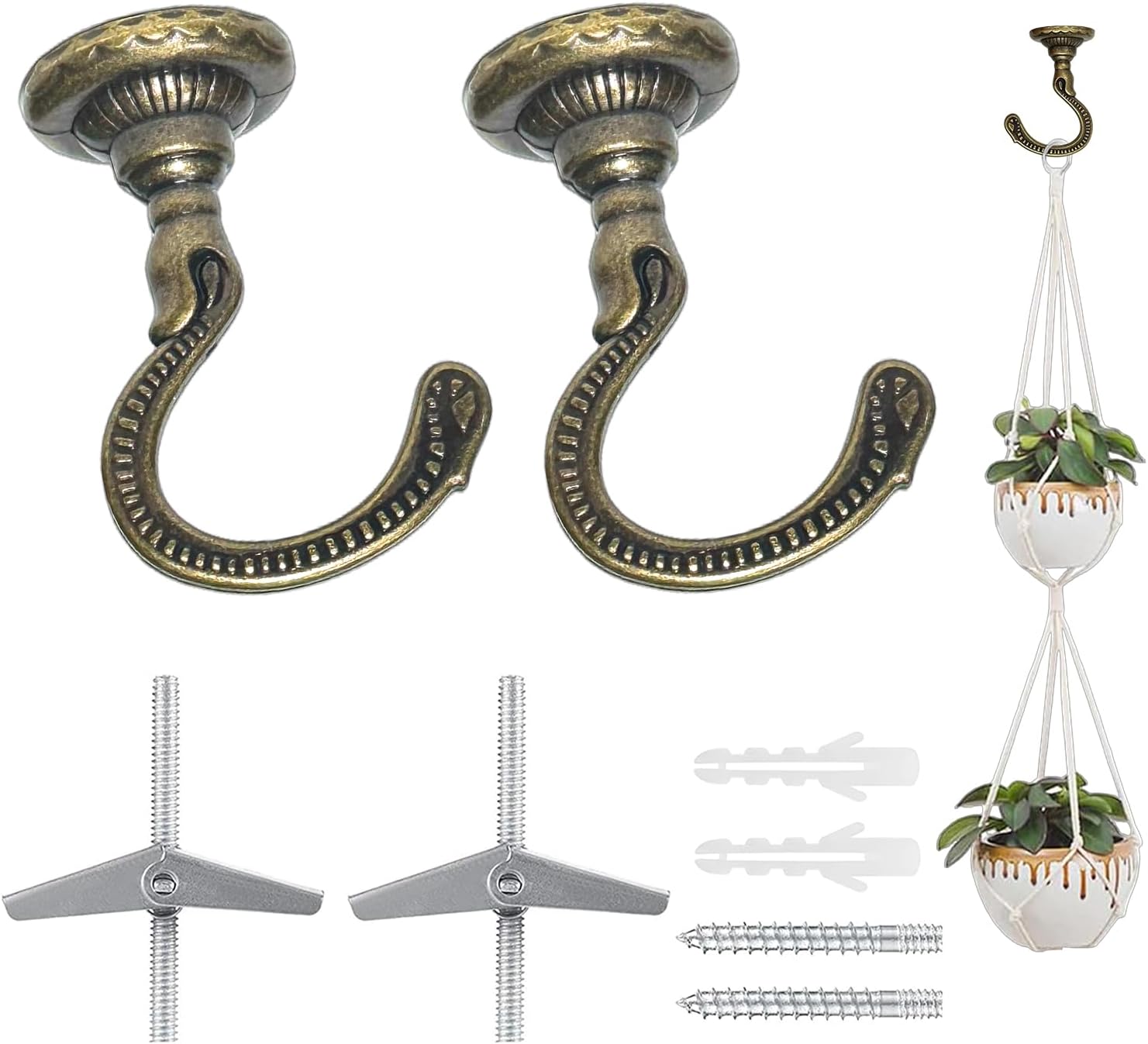 2 Sets Heavy-Duty Swag Ceiling Hooks with Hardware - Antique Brass