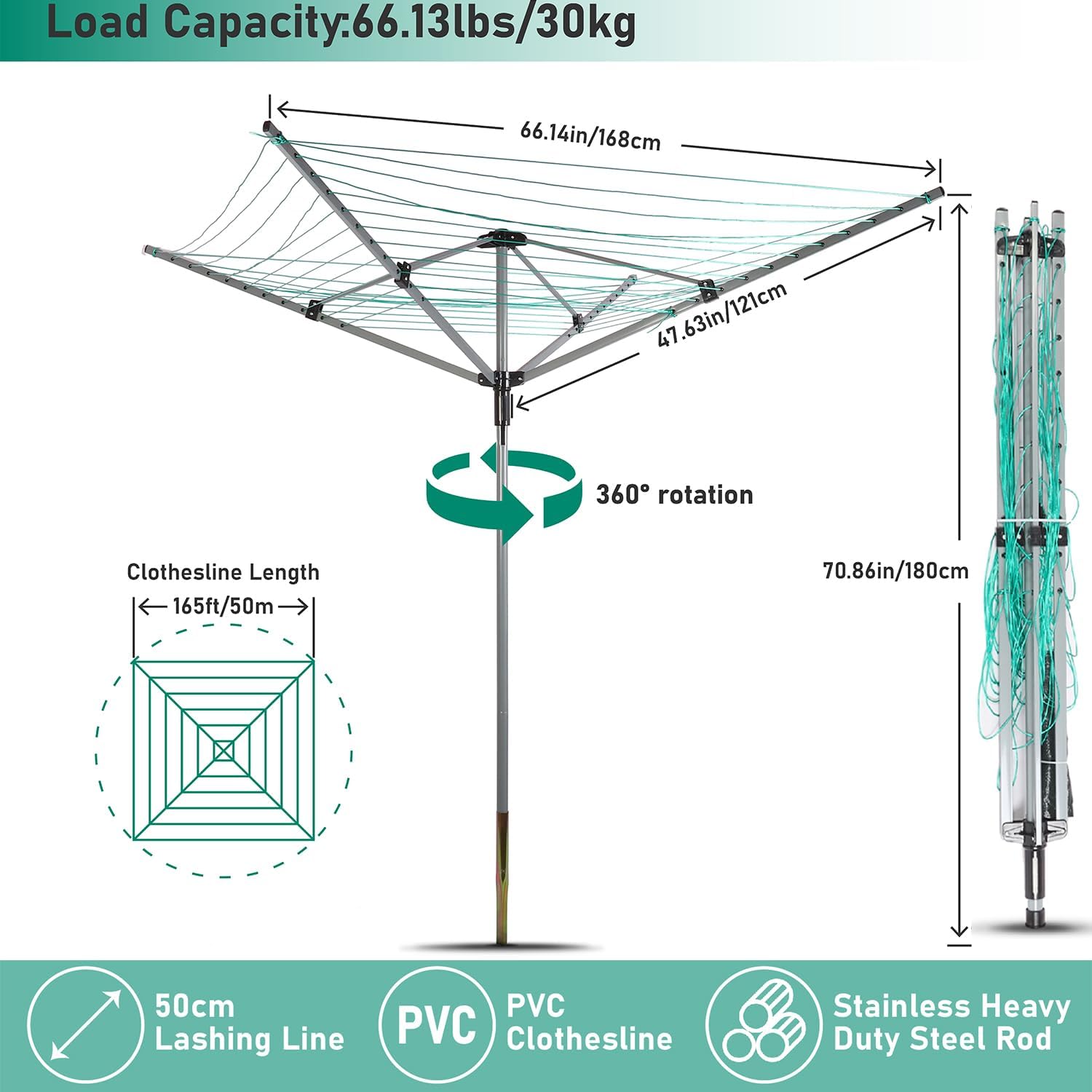 Outdoor Umbrella Drying Rack with 4 Arms and 165 Feet Clothesline