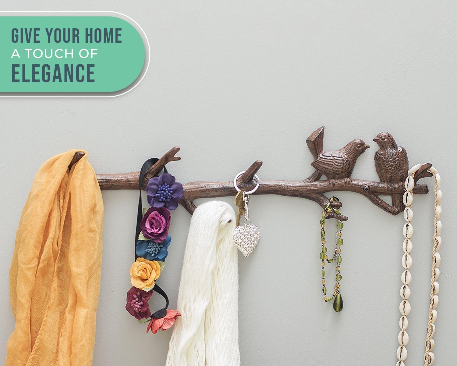 Cast Iron Birds On Branch Hook Rack with 6 Hooks