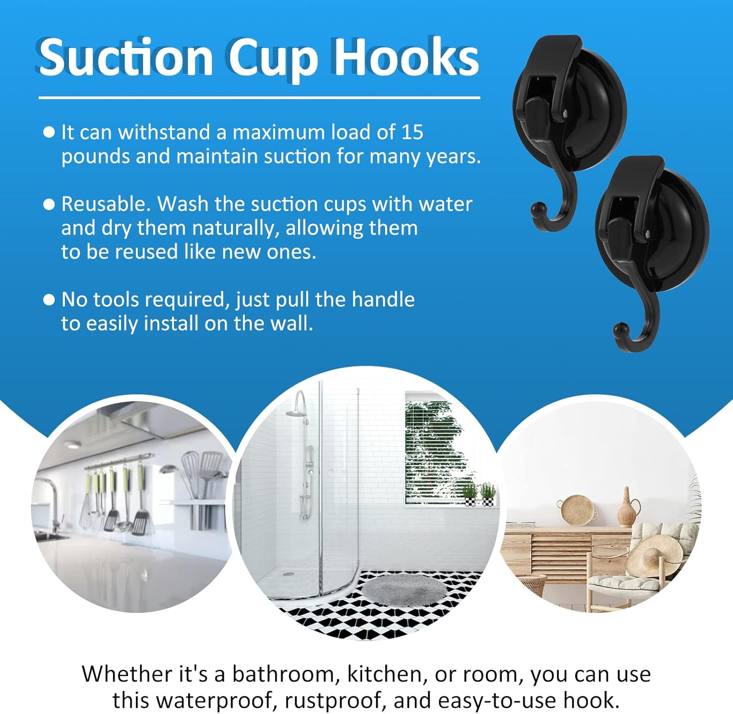 Heavy Duty 15LB Suction Cup Shower Hook Reusable No Drilling Black 4-Pack
