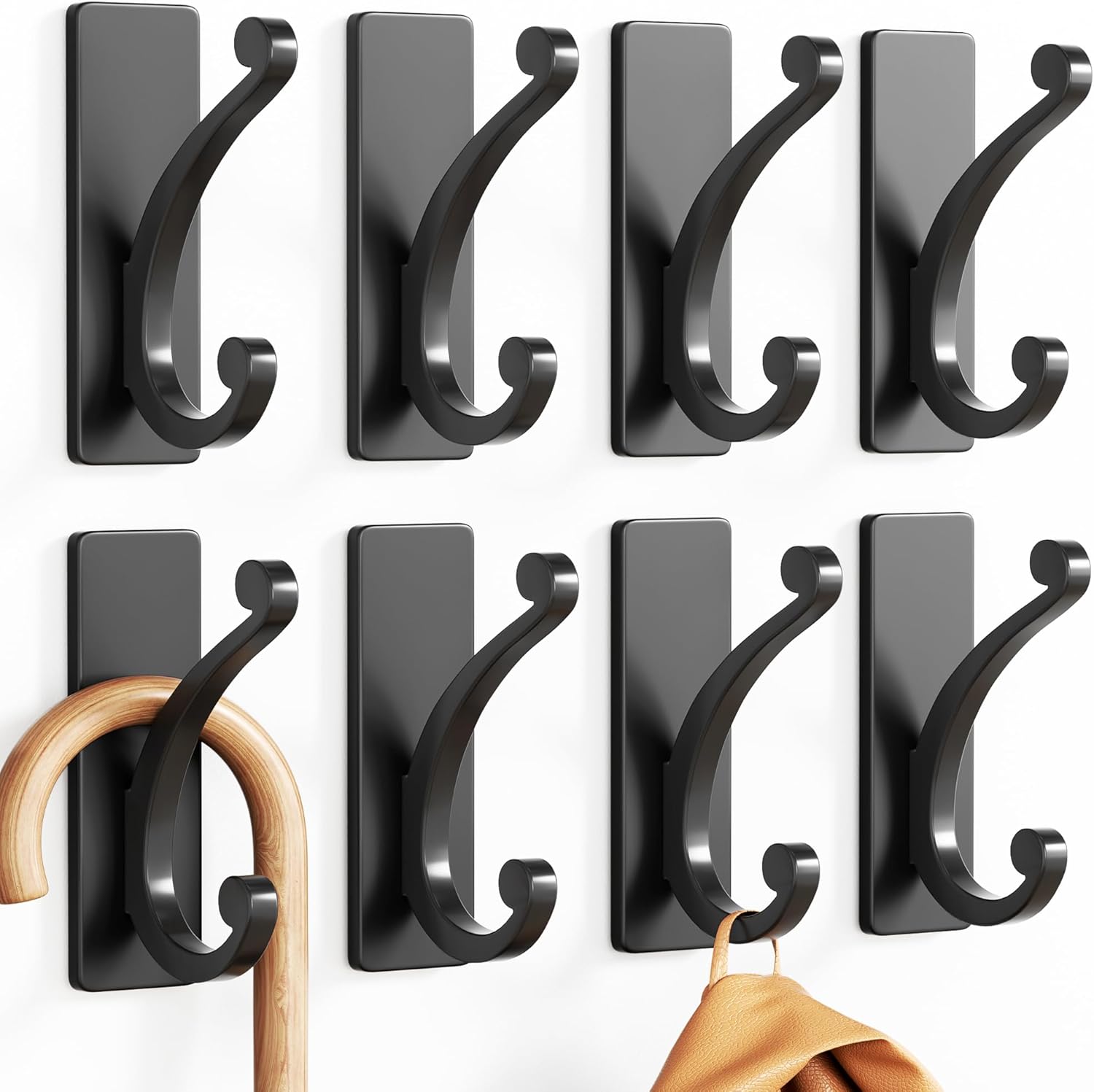 Adhesive Wall Hook for Towel or Coat - Extra Sticky 10LB Stainless Matt Black 8-Pack