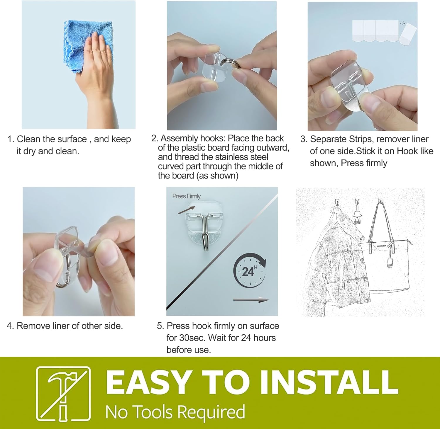 15 Clear Wall Hooks with 20 Strips No Damage No Tools