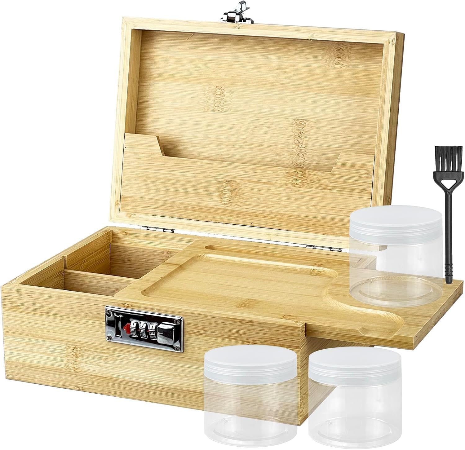 Large Bamboo Stash Box with Combination Lock 3 Jars