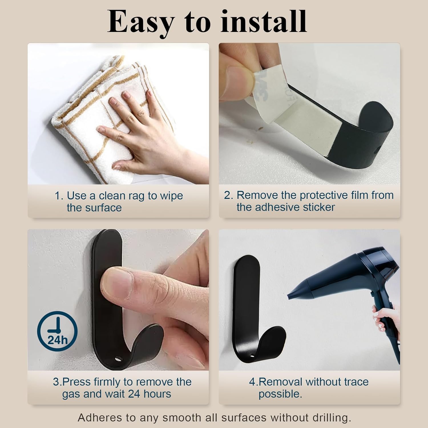 ATDOALL Adhesive Towel Hooks 20PCS Stainless Steel Wall Hooks Black