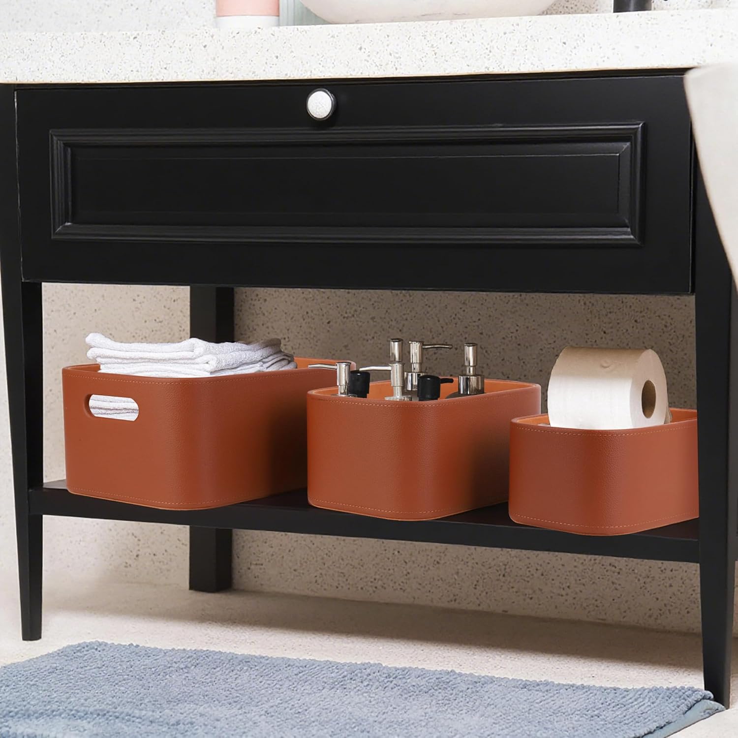 HofferRuffer Faux Leather Baskets with Velvet Lining Set of 3
